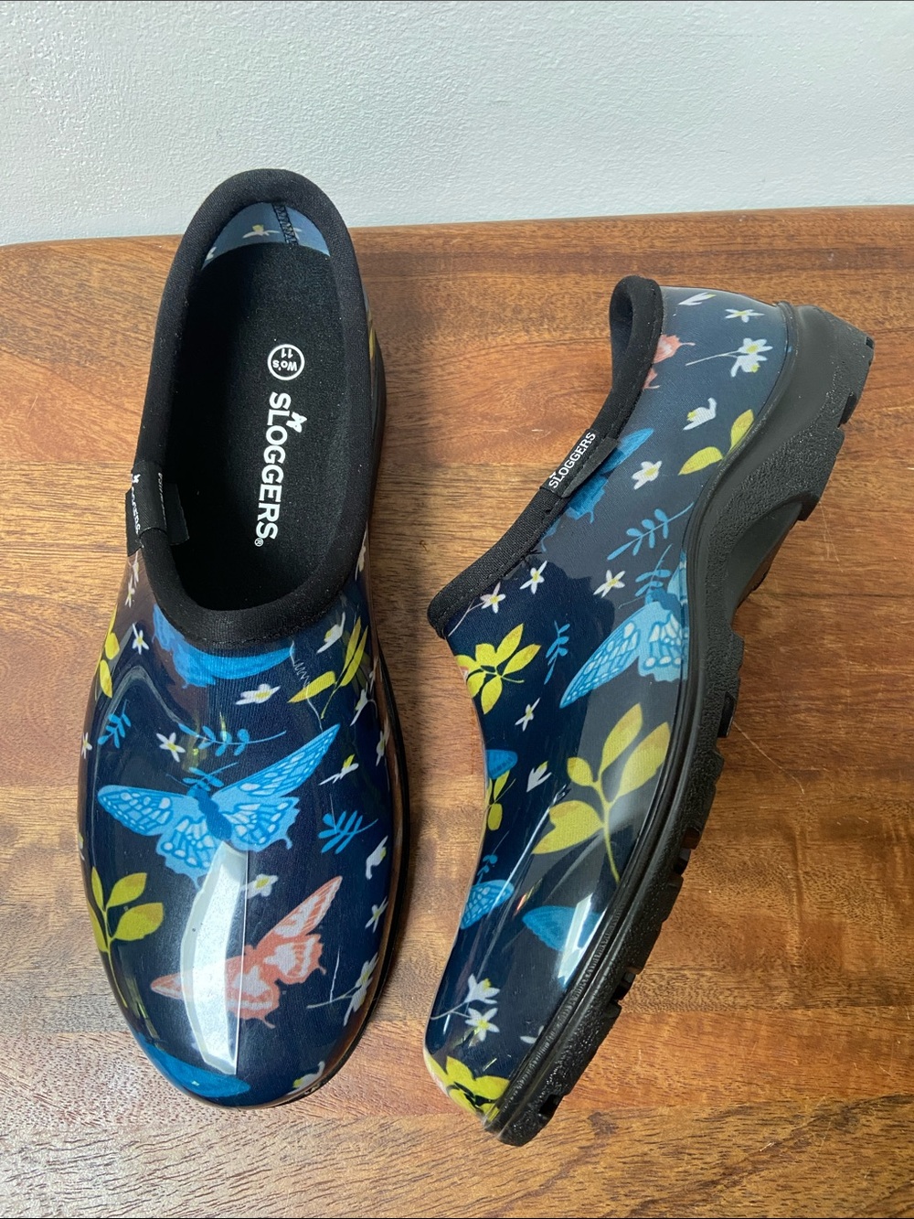 Sloggers Floral Butterfly Slip-On Clogs - Navy with Blue, Yellow & Coral Accents